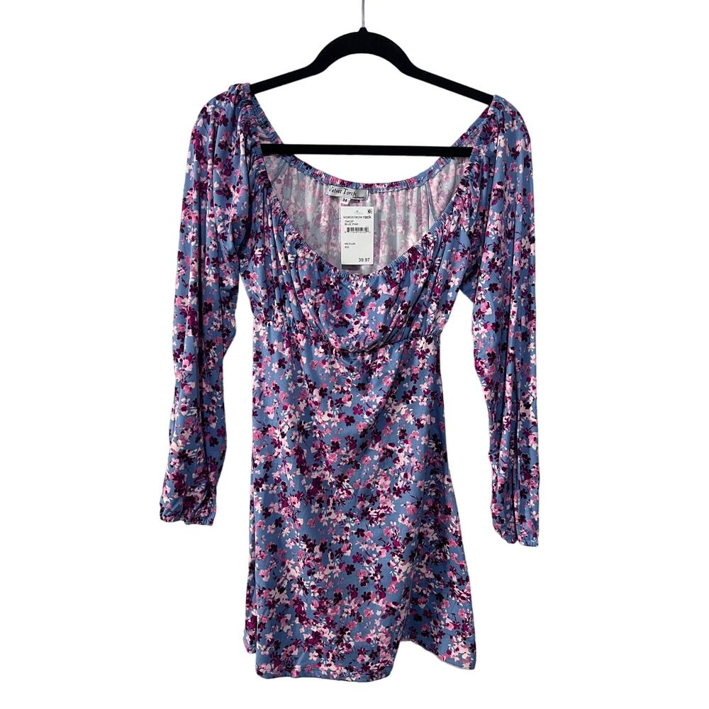 Velvet Torch Womens Medium Blue Pink Floral Long Sleeve Short Dress Swiftie NEW